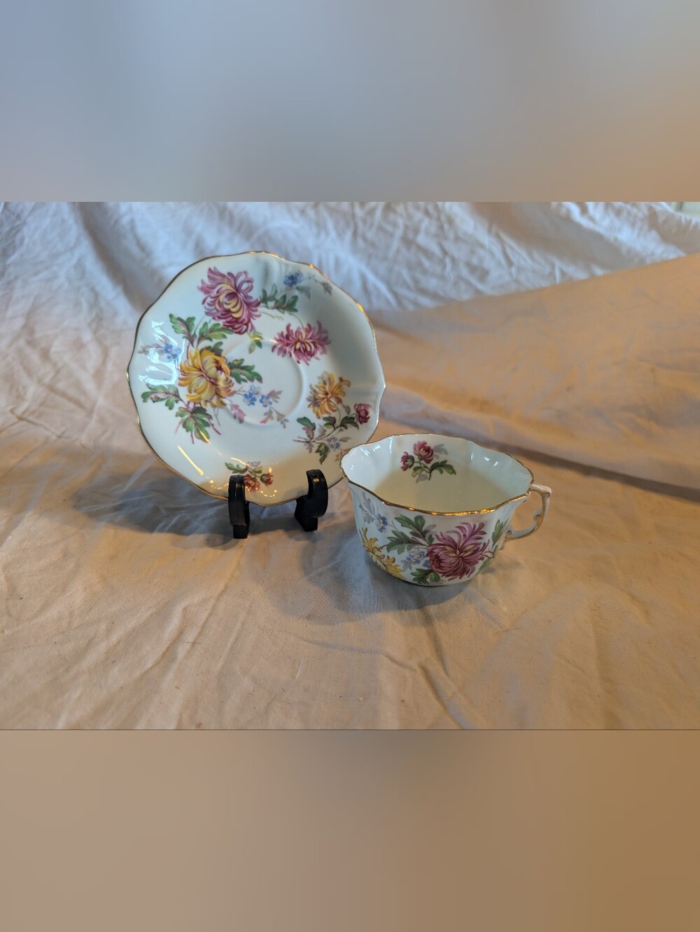 2/60$ Floral Porcelain Tea Cup & Saucer - Pink and Yellow Floral Design